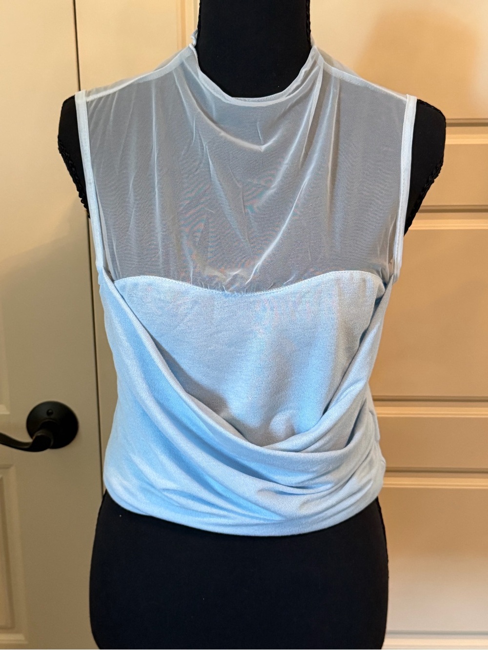 Commense Light Blue Sheer Yoke Draped Tank